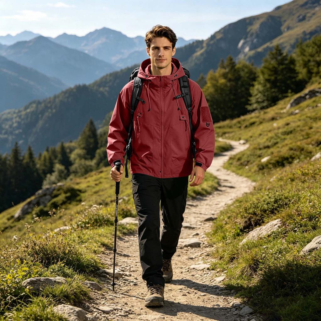 Men's Outdoor Hooded Jacket Thickened Loose Fit Windproof Waterproof Breathable Lightweight Shell for Hiking Camping