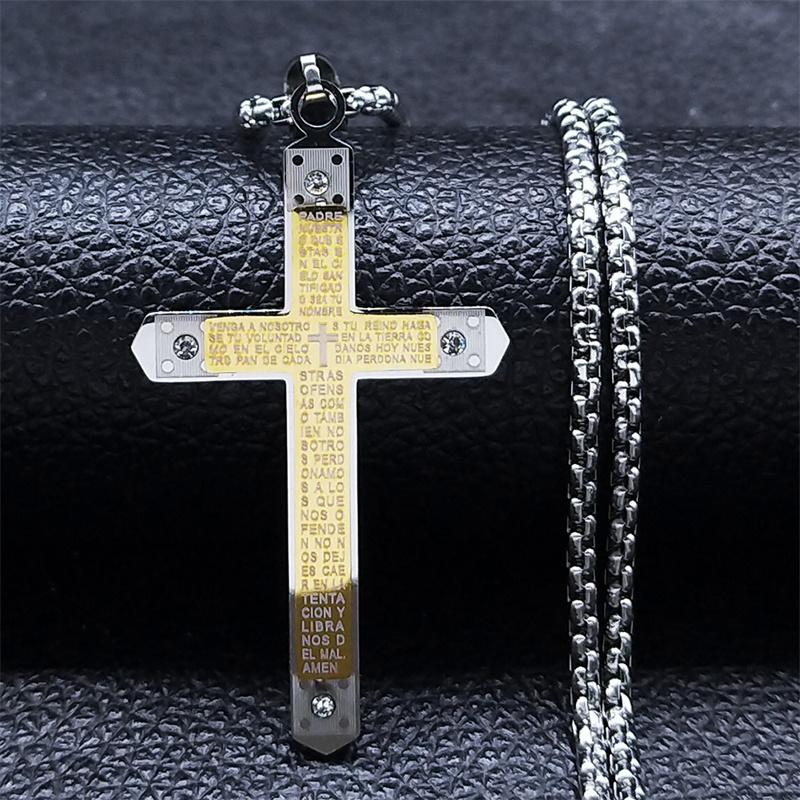 The Lord s Prayer Cross Bible Spainsh Verse Ncklace Stainless Steel Jesus Bible Catholic Believer Necklace cordao masculino