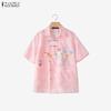 ZANZEA Women Casual Turn Down Collar Loose Short Sleeve Floral Print Blouse