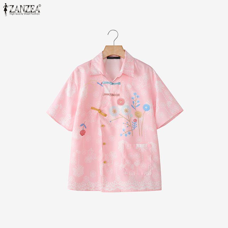 ZANZEA Women Casual Turn Down Collar Loose Short Sleeve Floral Print Blouse
