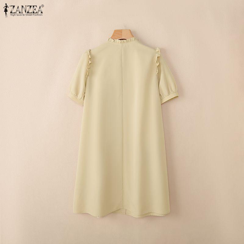 ZANZEA Women Casual Round Neck Solid Color Loose Short Sleeve Dress