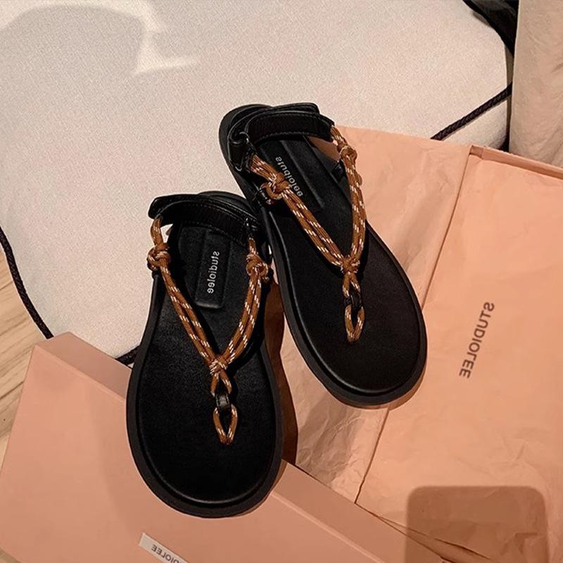 

Sheepskin version herringbone sandals women s wear sparkling rhinestone flat bottom rope knot versatile toe cool slippers 40