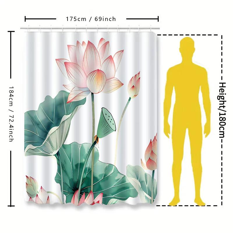 Elegant Lotus Flower Waterproof Shower Curtain Modern Design Green Leaves Pink Blossoms Nature Inspired Bathroom Decor Accent