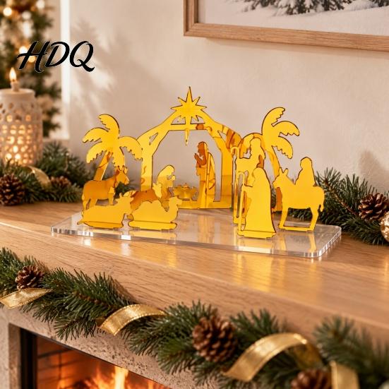 Christmas Party Supplies Acrylic Nativity Scene Ornament Manger Tabletop Decor Gold Desktop Decoration Elegant Holiday Home Display And Festive