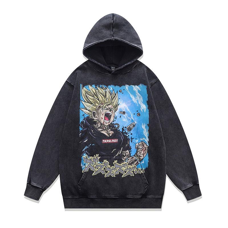 Sweat à capuche Rétro Tendance Marque Hip Hop Street Lavage à l'eau Aspect Vieilli Impression Dessin Animé Japonais Sweat à Capuche Hommes et Femmes Tendance