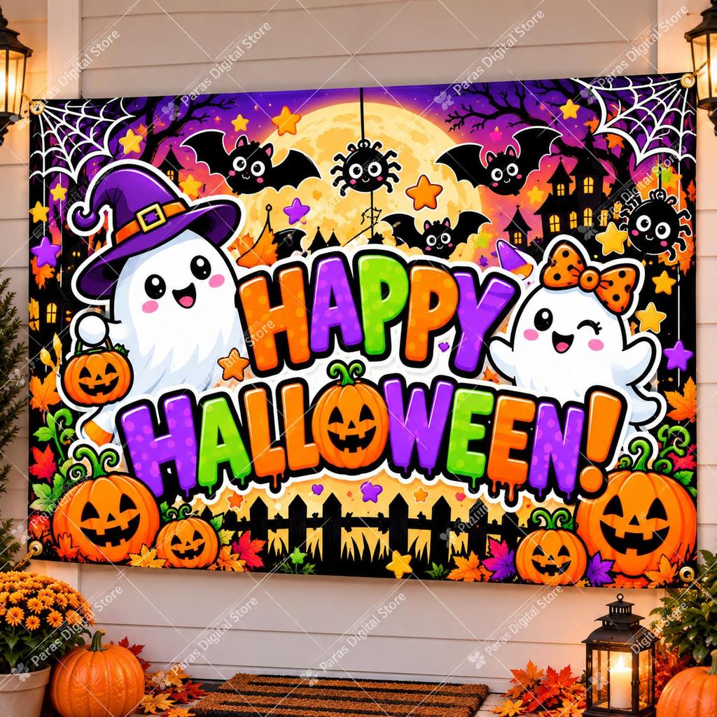 Happy Halloween Banner Template, 60x36 Halloween Party Banner, Cute Ghost Pumpkin Decor, Printable Digital Backdrop