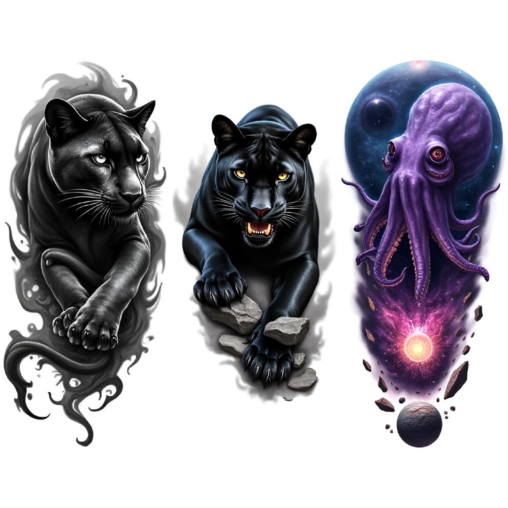 3pcs Temporary Tattoo Rabbit Colorful Realism Jellyfish Panther Waterproof Long-lasting Body Stickers Fox For Men Shoulders