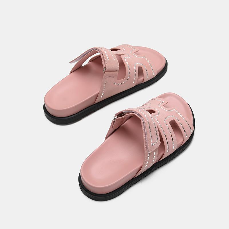 European and American Color Matching Rhinestone Second Uncle H Slippers Women Wear Velcro Flat-bottomed Beach Lazy Thick-bottomed Sandals