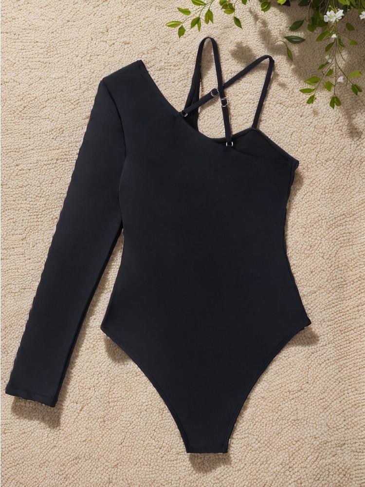Unregelmäßiger Einteiler Bikini Badeanzug für Damen, Sexy, Figurbetont, mit einem langen Ärmel, Mode, Elegant, Strandurlaub Kleidung