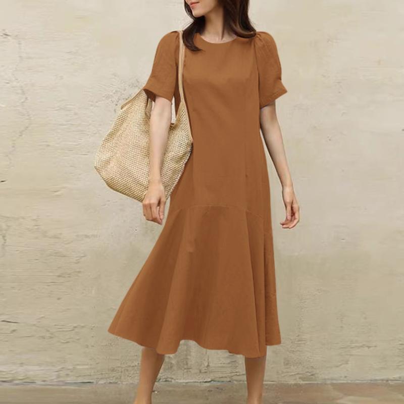 ZANZEA Women Casual Round Neck Solid Color Short Sleeve Dress