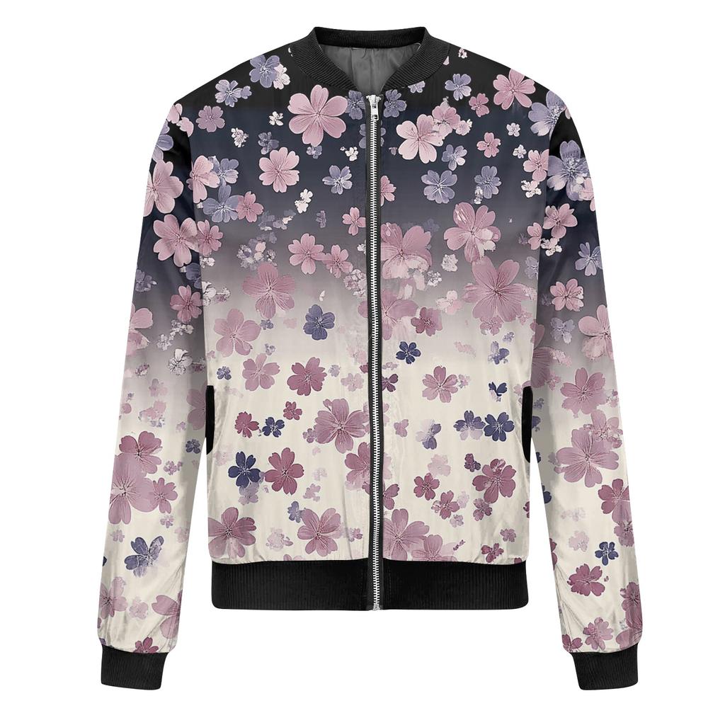 Women's Fashion Long Sleeve Floral Print Round Neck Zip Jacket