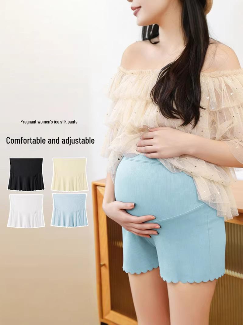 High Waist Maternity Ice Silk Support Shorts - Breathable, Elastic, Versatile Base Layer XL [Recommended for 130-150 lbs]