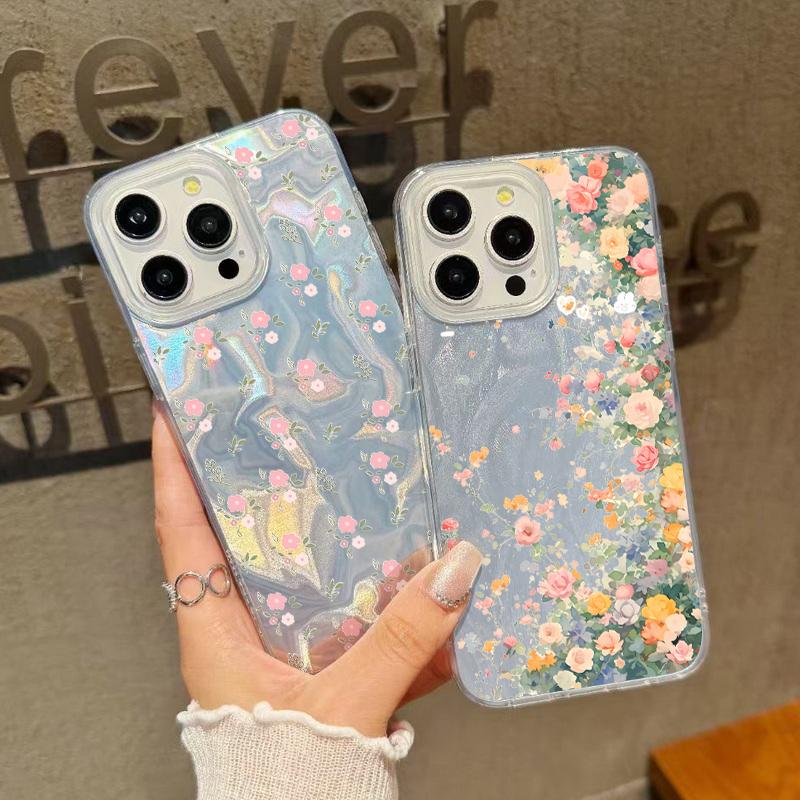 Luxury Floral Print Glitter Slim Case For iPhone 16 15 Pro Max 14 Pro 13 12 11 Glossy Shockproof Hybrid TPU PC Clear Phone Cover