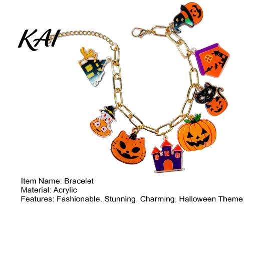 Cute Holiday Costume Accessory Halloween Charm Bracelets for Women, Spooky Pumpkin Cat Ghost Castle Pendant Adjustable Gift Girls Bracelet, Metal Drop