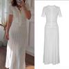 Women's Slimming Knit Single-Breasted Summer Dress - Short-Sleeved Round Neck with See-Through Design