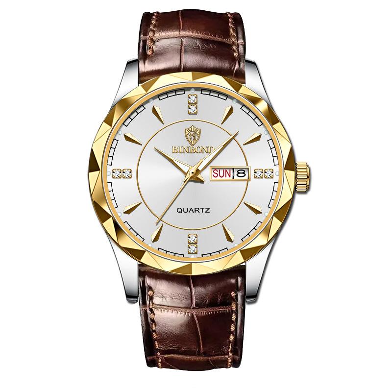 Men's Watch Gold Watch Steel Belt Double Calendar Week Quartz Watch Men's Watch
