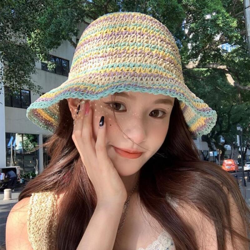 

Women s Summer Sun Protection Colored Straw Sun Hat C7166_Rainbow