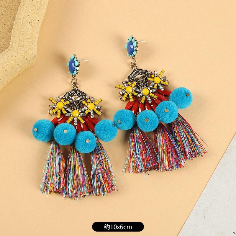 Pompom Earrings Women's Long Personalized Colored Hairball Stud Earrings Vintage Bohemian Vacation Fringed Earrings