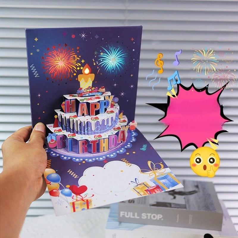 

3D Happy Birthday Card Fireworks Pop Up Cake Light and Music Happy Birthday Card Gift Greeting Card for Husband Kids Wife Mom