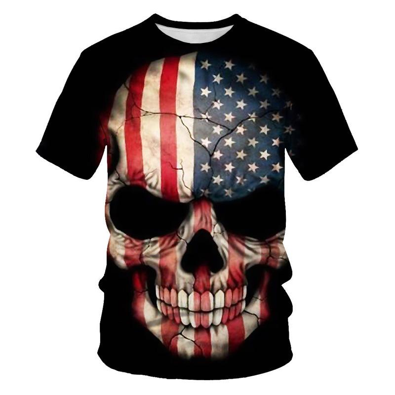 Fashion Men's Crew Neck Short Sleeve 3D Skull Color Printed Skull Short Sleeve Crew Neck T-Shirt