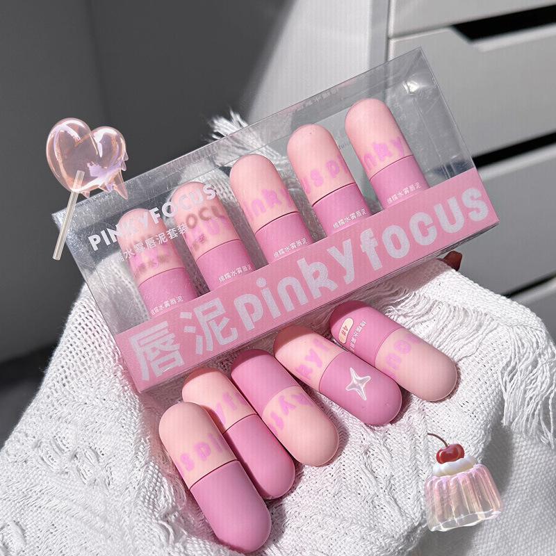 PinkyFocus Matte Velvet Lip Mud Set: Capsule Lip Gloss for Nude Makeup - Ideal for Students