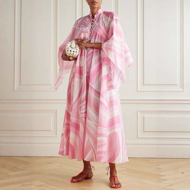 

European and American Autumn and Winter New Print Long Sleeves Stand Collar Dress Ins Loose Casual Holiday Dress Dress Pink S