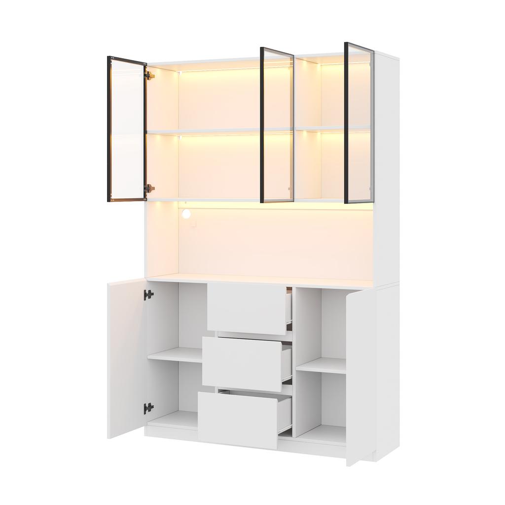 Vetrina in Vetro Illuminata a LED 120×40×200 cm – Vetro Temperato con Ripiani, Tre Cassetti e Due Ante, Versatile per Soggiorno e Sala da Pranzo