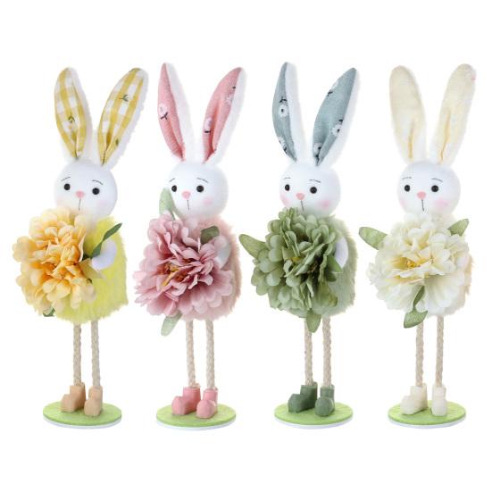 Easter Standing Bunny Doll Cute Fabric Rabbit Figurine with Artificial Flower for Spring Home Shelf Table Decor
