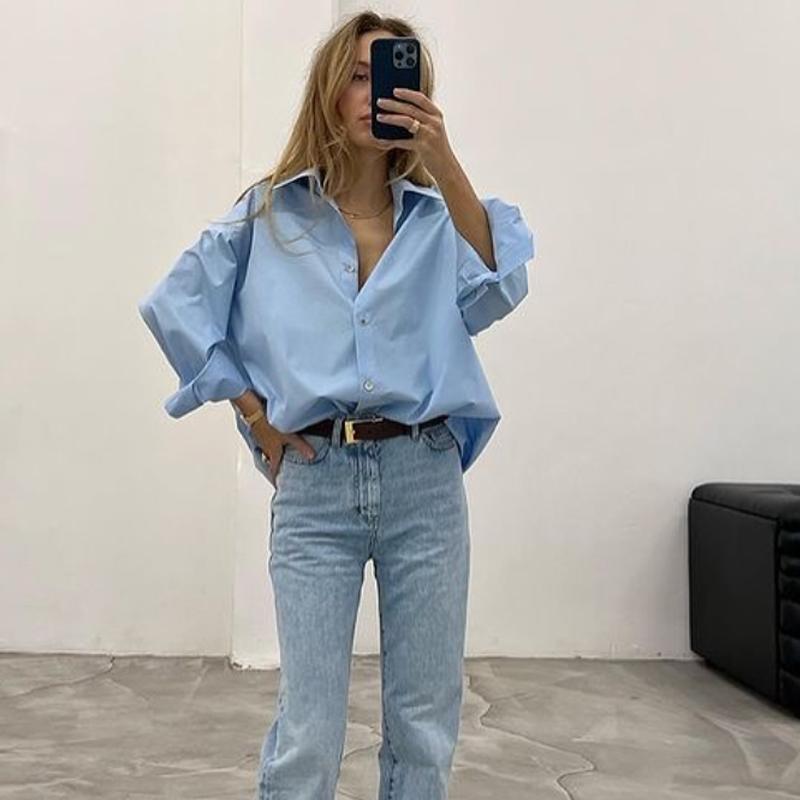 Women's Shirt Long Blue Shirt Women Spring Long Sleeve Oversize Shirts Blouses Korean Style Casual Button Up Shirts