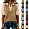Women's Casual Patchwork Sleeve Polo Shirt Button Down Collar Short Sleeve Top for Everyday Wear