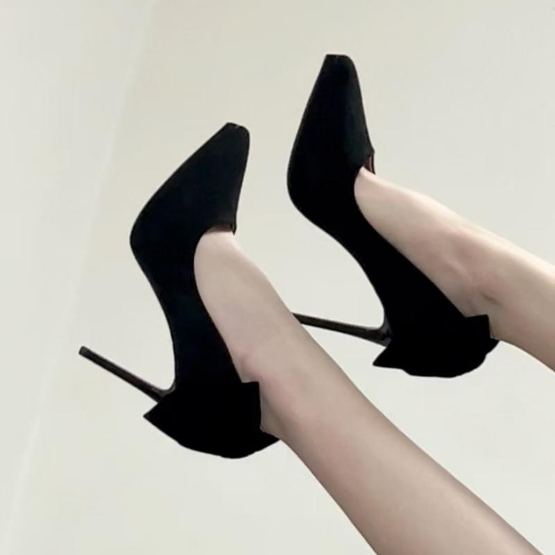 Bow Waterproof Table Stiletto High Heels Women's Black Autumn and Winter Skirt Not Tired Feet Single Shoes