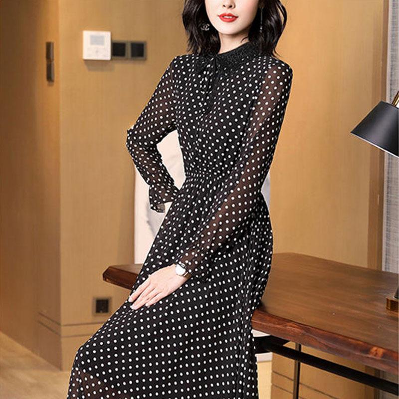 Spring Autumn Peter Pan Collar Beading Dresses Elegant A-Line Waist Women's Clothing Drawstring Commute Polka Dot Midi Dress New