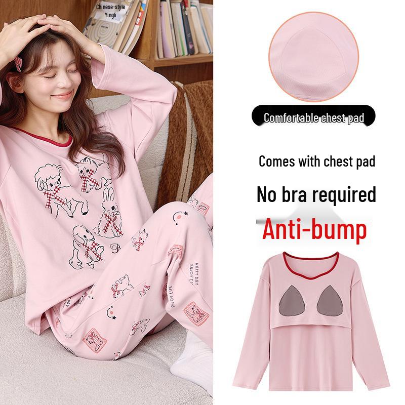 Piżama damska z długim rękawem i nadrukiem w kreskówkowe wzory, z wkładką na klatkę piersiową – uroczy komplet z okrągłym dekoltem do noszenia w domu lub na okrycia wierzchnie wiosną, jesienią i zimą