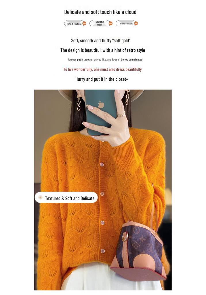 Women's Round Neck Long Sleeve Wool Cardigan - Hollow Jacquard Knit Sweater Jacket
