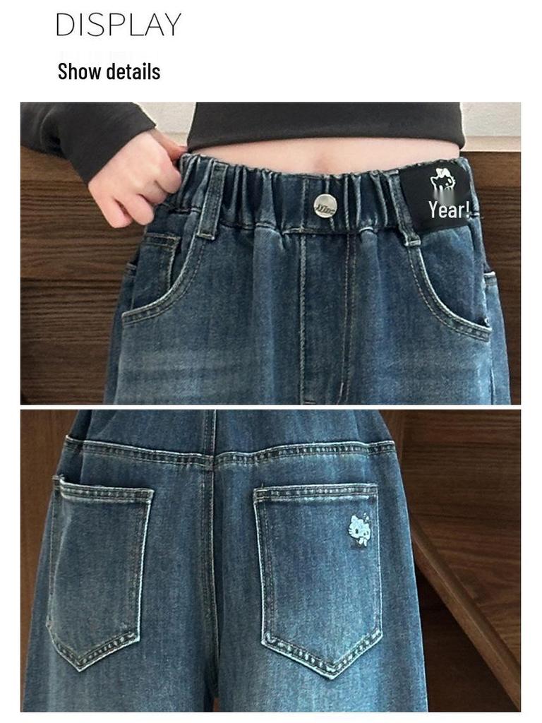 2025 Girls' Trendy Denim Wide-Leg Pants - Spring/Autumn Style, Long Straight-Leg for Big Girls