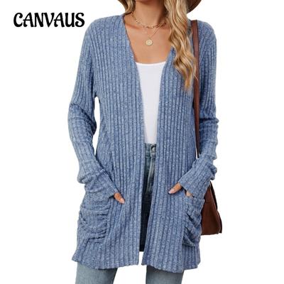 Autumn and Winter Women's Blouse Solid Colour Pockets Long Sleeve Bottom Cardigan Knitwear