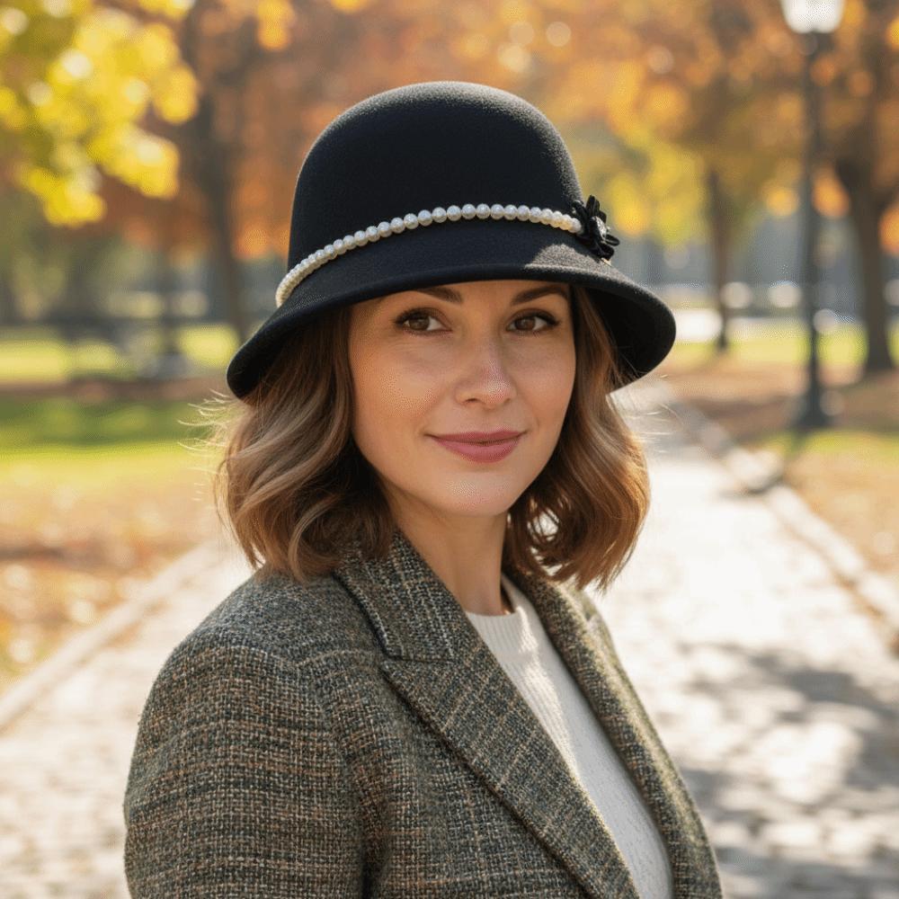 French Style Flower Topper Hat Pearl Woolen Bucket Hat Fashion Fisherman Hat  Lady