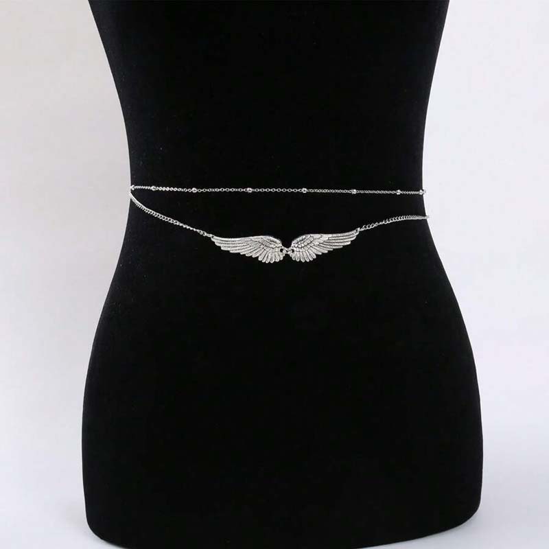 Sexy Metallflügel Taillengliederketten für Damen Neue Trendige Goldfarbe Doppellagige Perlen Körpertaillenkette Strandparty Schmuck Geschenke