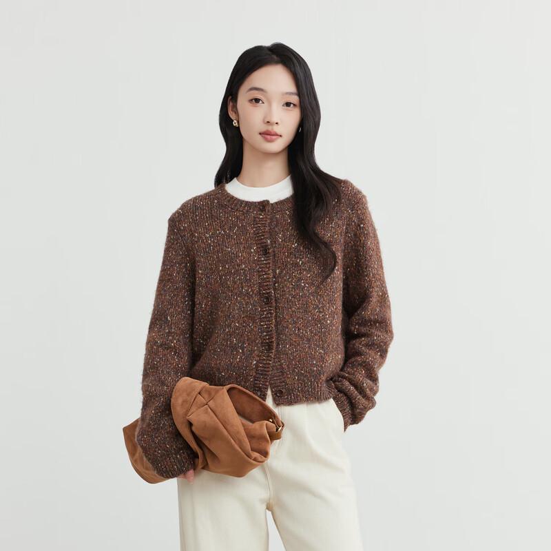 Elva' Island Women's Petite Dot Mesh Round Neck Cardigan