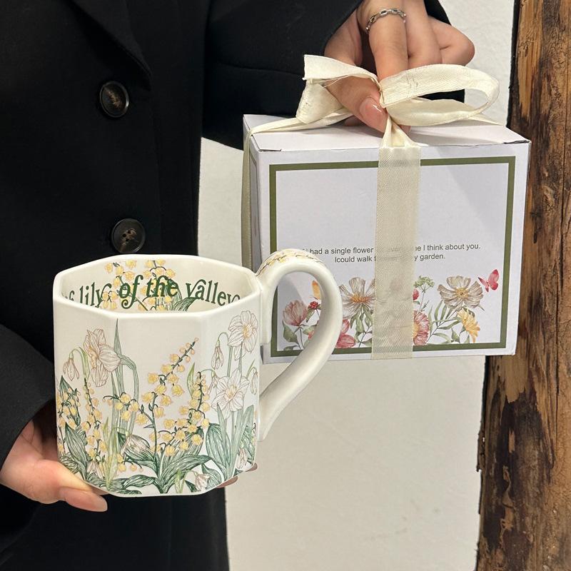 Green Lily of the Valley Mug Ceramic Coffee Cup Saucer Set Gift Box Girls Birthday Gift Mid-Autumn Festival Souvenir