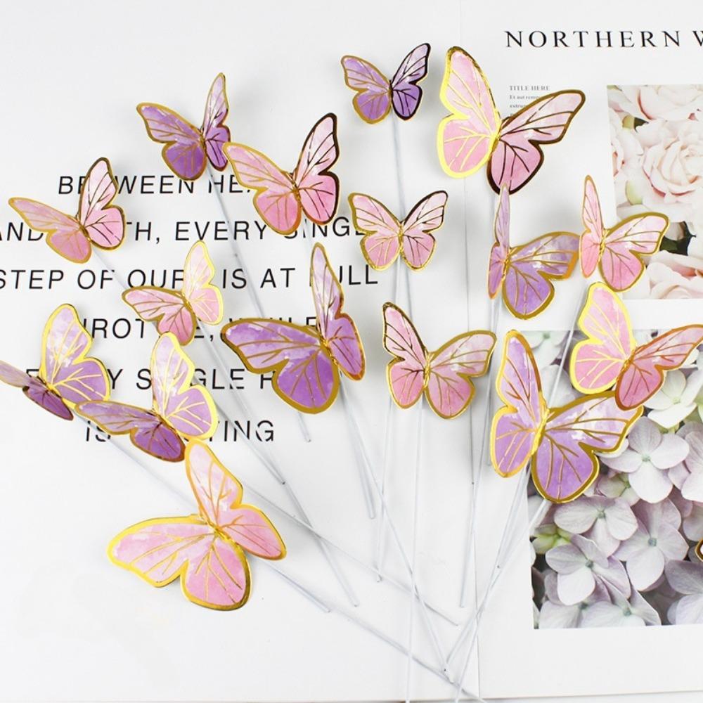 20 Pcs Colorful Gilt Edged Butterfly Cake Topper Happy Birthday Cake Decorations Wedding Bride Dessert Party Decor