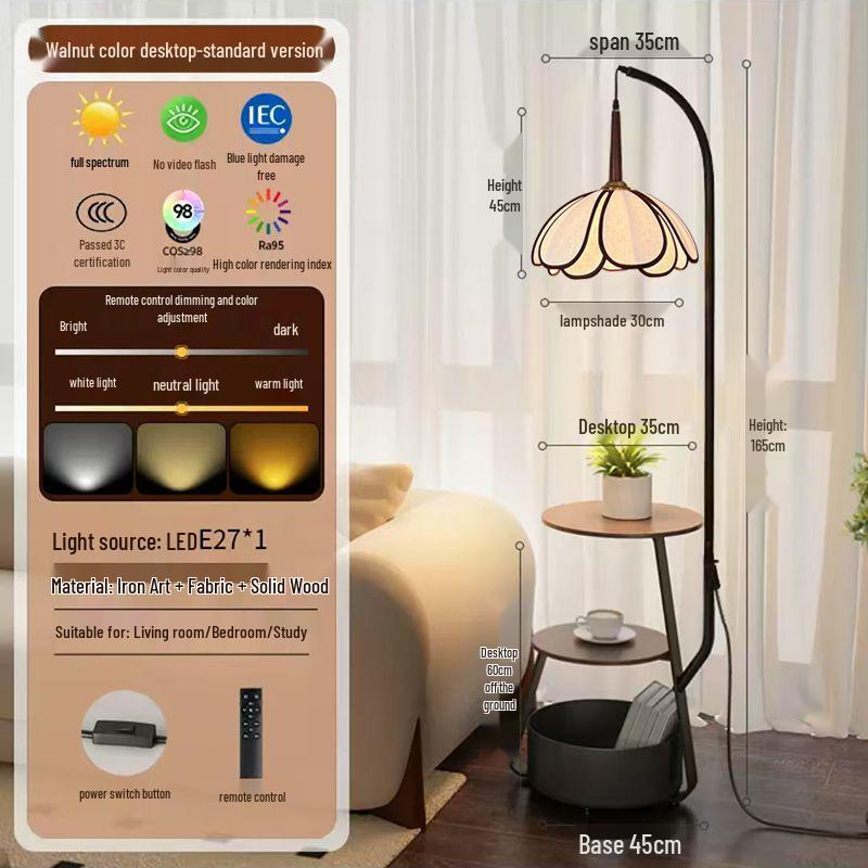 Chinese-Inspired Floor Lamp with Side Table and Storage, Perfect for Living Room Décor