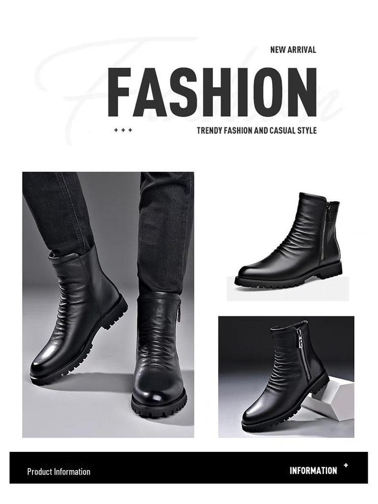 Ghete Martin pentru bărbați, de iarnă, cu gleznă înaltă - Piele de vacă moale, confortabile, cu fermoar la modă, căptușeală din catifea din lână