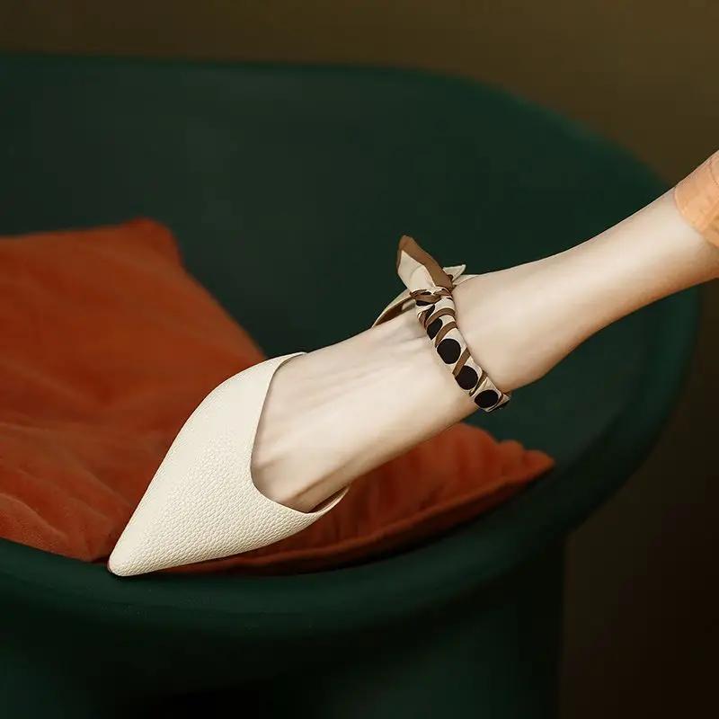 Fashion Summer 2024 Sandals for Women Office Work Outdoor Leather Pointed Toe Flat Rubber Buckles with Low Heels White No Heel Footwear