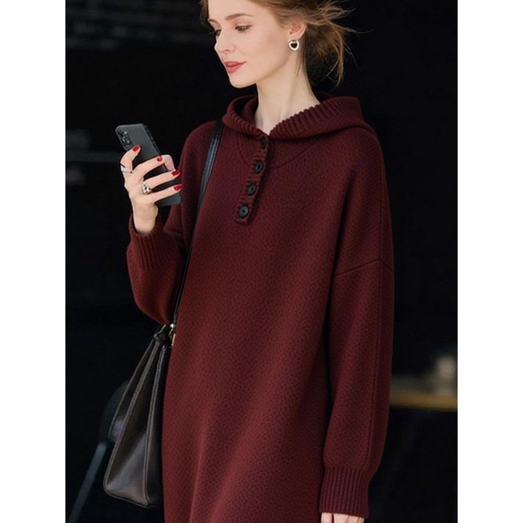 60314 Winter Knit Hooded Long Dress - Plus Size, Loose Fit, Long Sleeve, Over-the-Knee, Stylish for Autumn and Winter