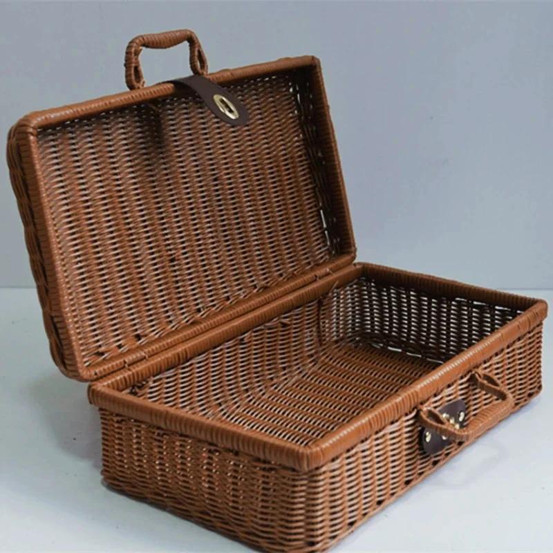 Retro Wicker Suitcase Vintage PP Rattan Picnic Basket with Handle Cosmetic Organizer Gift Box Travel Case Storage Woven