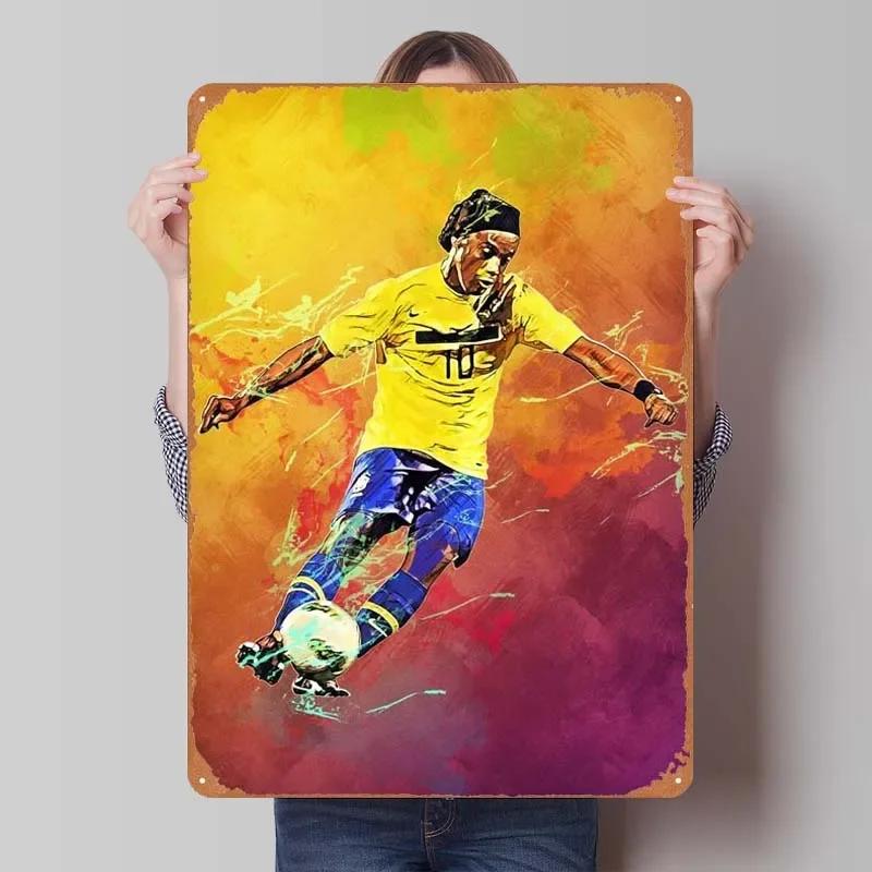 Ronaldinho Sign Sportposter Metall Wandkunst von Wandmalereien Vintage Metall Blechschild Plakette für Wandkunst Dekoration Man Cave Retro Zuhause