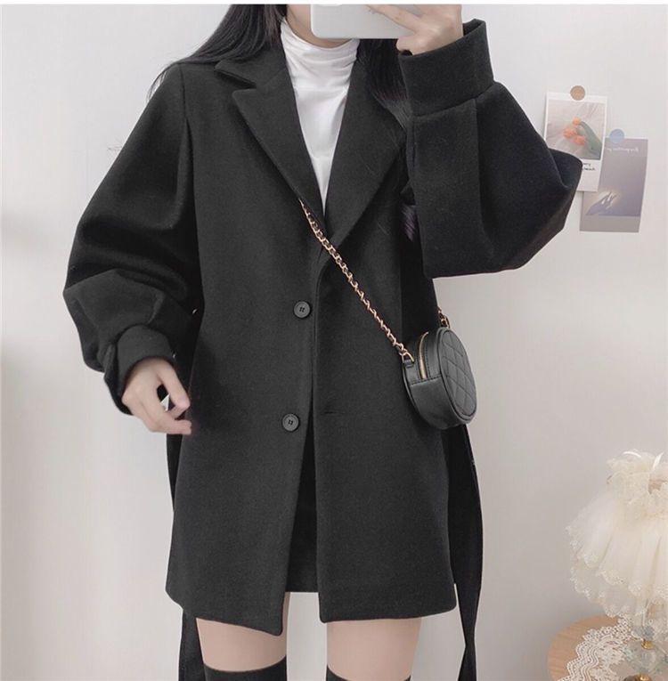

Корейское шерстяное пальто: Стиль Хепберн, на бретелях, темпераментный, воротник маленького пиджака, средней длины, тонкая осенне-зимняя одежда для женщин XXL чёрный