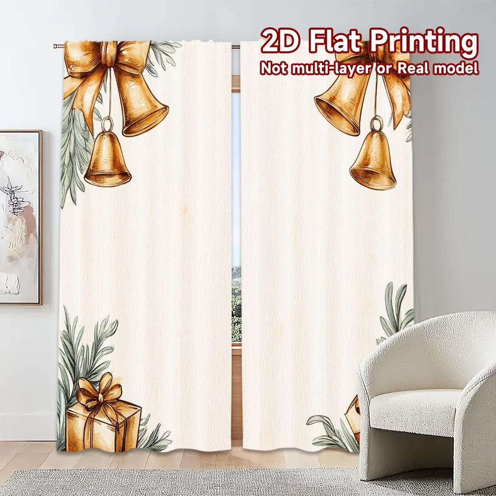 Set Of 2 Minimalist Curtains Christmas Bells Gifts Popular Prints Festive Use Bedroom Curtain Semi Sheer For Made Polyester