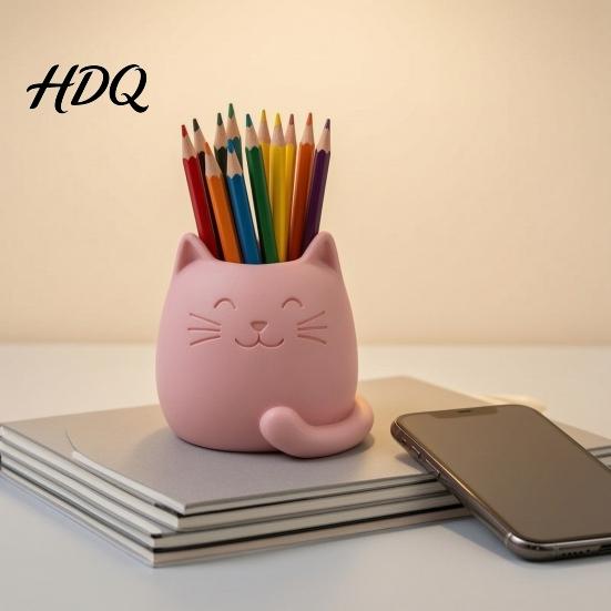 Odorless Pen Container Holder Cartoon Cat Shape Desk Organizer Smooth Surface Decorative